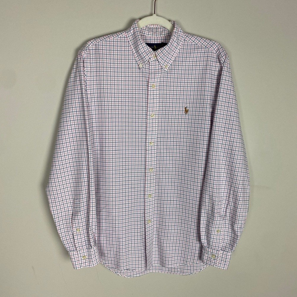 Ralph Lauren Button Down Shirt Mens Medium Flesh Pony Check Plaid Preppy Dress